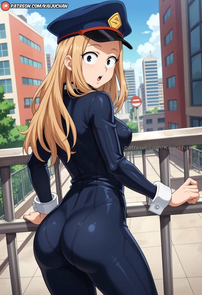 ai_generated blonde_hair blue_eyes camie_utsushimi long_hair looking_at_viewer looking_back my_hero_academia nipple_bulge outdoors surprised tagme tight_clothing