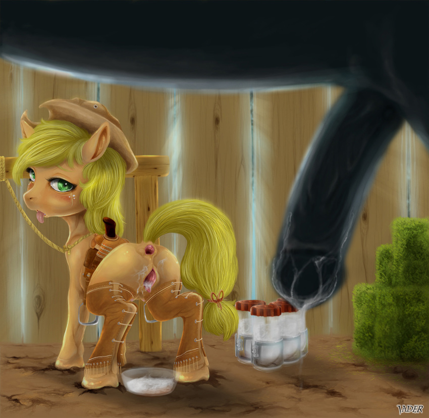 2013 anus applejack_(mlp) ass blonde_hair color cowboy_hat crotchboobs cum cum_in_ass cum_in_pussy cum_inside cutie_mark day dripping duo equine female flaccid freckles friendship_is_magic fur gaping gaping_anus gaping_pussy green_eyes hair hat horse jader looking_back my_little_pony outdoors penis pony pussy saddle sketch tear tongue tongue_out