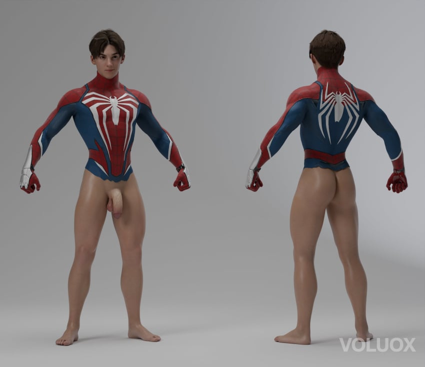 1boy 3d_model athletic_male brown_hair fully_retracted_foreskin male_focus male_only partially_clothed penis_out peter_parker skinny solo solo_male spider-man tight_clothing voluox