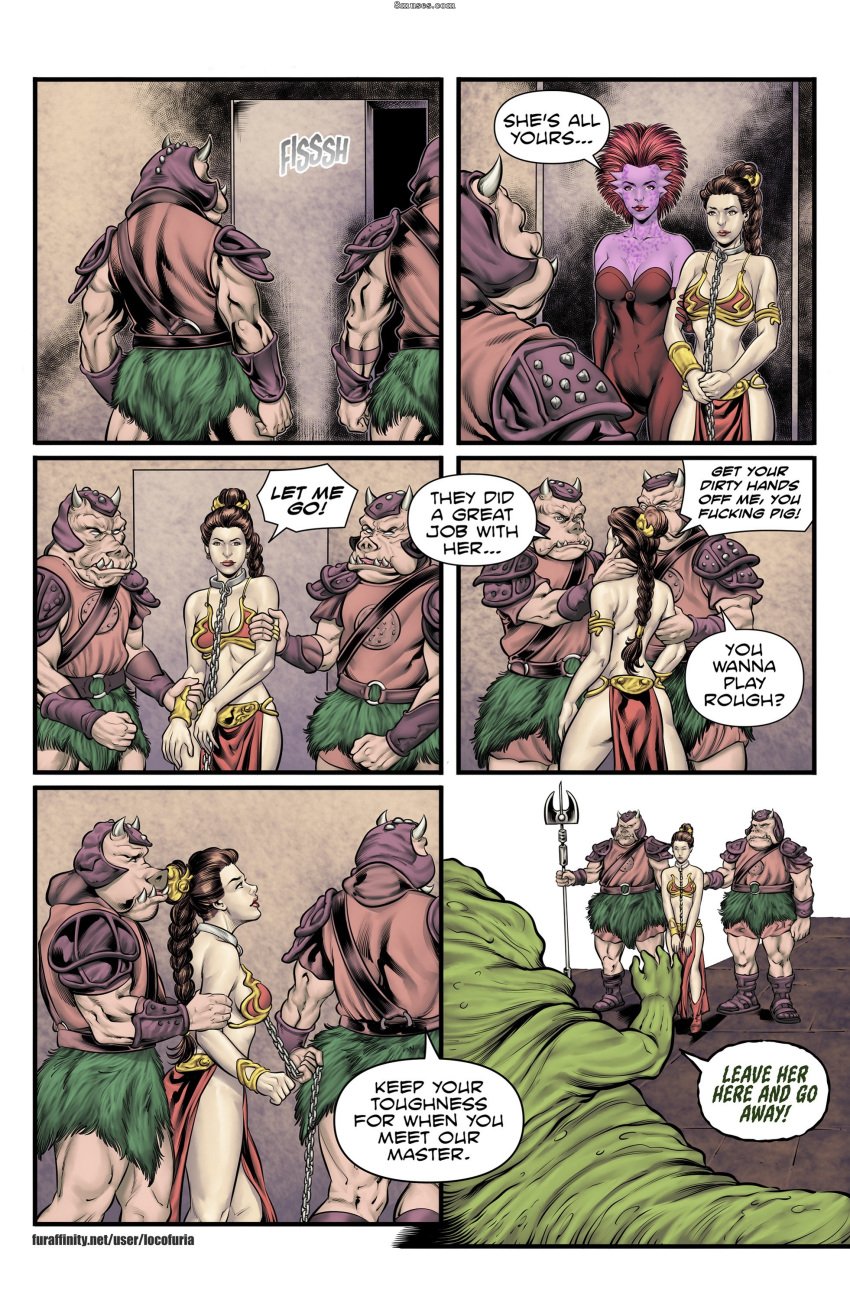 2girls belly_dancer belly_dancer_outfit bodysuit braided_hair brown_hair cleavage comic comic_page enslaved_royal gamorrean harem_girl harem_outfit jabba's_palace jabba_the_hutt large_breasts lavender_skin locofuria loincloth long_hair medium_breasts princess_leia_organa red_hair rncomic rystall_sant slave slave_bikini slave_collar slave_leia slave_outfit slavegirl speech_bubble spots star_wars theelin