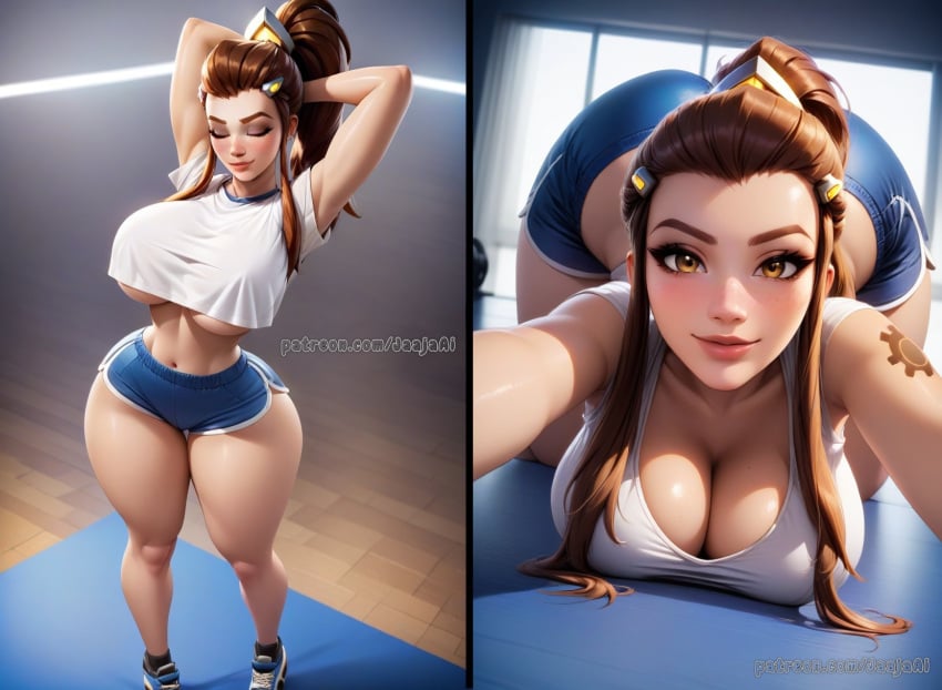 ai_generated bent_over big_ass big_breasts big_breasts big_butt blizzard_entertainment blush blush brigitte brigitte_lindholm brown_hair crop_top curvy curvy_female curvy_figure gym gym_clothes gym_shorts jaajaai long_hair overwatch overwatch_2 perky_breasts ponytail short_shorts smirk stretching tagme thick_ass thick_hips thick_thighs thin_waist underboob voluptuous voluptuous_female yellow_eyes