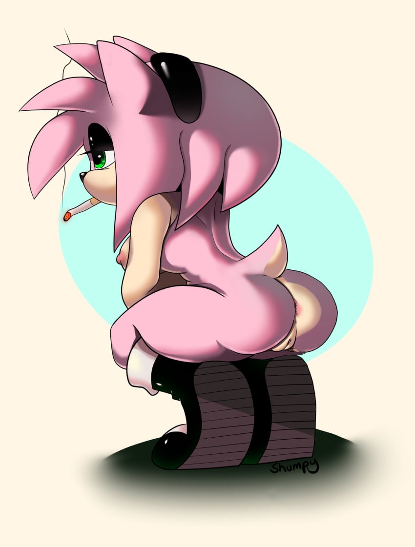 alternative_fashion amy_rose anthro anus ass cigarette clothing crouching eulipotyphlan female genitals goth half-closed_eyes hedgehog hi_res mammal narrowed_eyes nude panties pussy sega shumpy smoking solo sonic_(series) sonic_the_hedgehog_(series) underwear