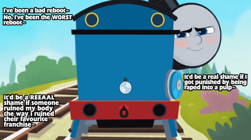 accurate_art_style asking_for_it asking_for_sex brat bratty consensual_non_consent dialogue edit edited_screencap evil_grin locomotive looking_at_viewer mattel presenting_ass presenting_hindquarters seductive text thomas_and_friends thomas_and_friends_all_engines_go thomas_the_tank_engine train wanting_sex young