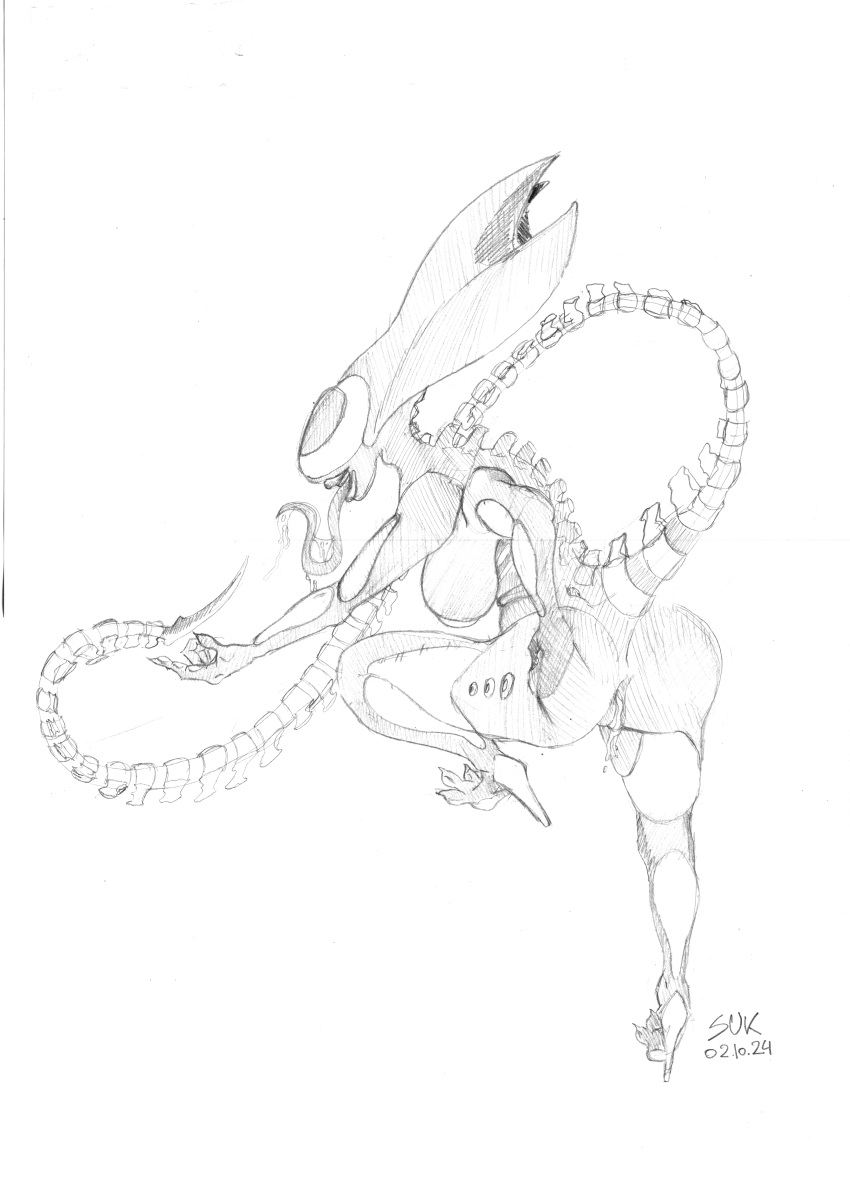 alien alien_(franchise) alien_girl alien_humanoid anthro ass breasts fat_ass heels large_breasts long_tongue pencil_(artwork) presenting_hindquarters pussy pussy_juice pussy_juice_drip sagging_breasts saliva saliva_drip seductive spines sucre tail thick_thighs thighs xenomorph xenomorph_queen