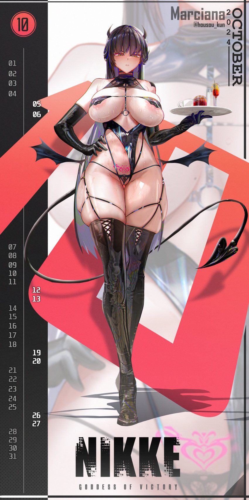 absurdres areola_slip bare_shoulders black_gloves black_hair black_panties blush boots breasts cocktail_glass cup drinking_glass elbow_gloves female female_pubic_hair frown gloves goddess_of_victory:_nikke hand_on_own_hip highres horns housou-kun large_breasts long_hair marciana_(nikke) navel panties pubic_hair pubic_tattoo solo sweat tail tattoo thigh_boots tray underwear wings