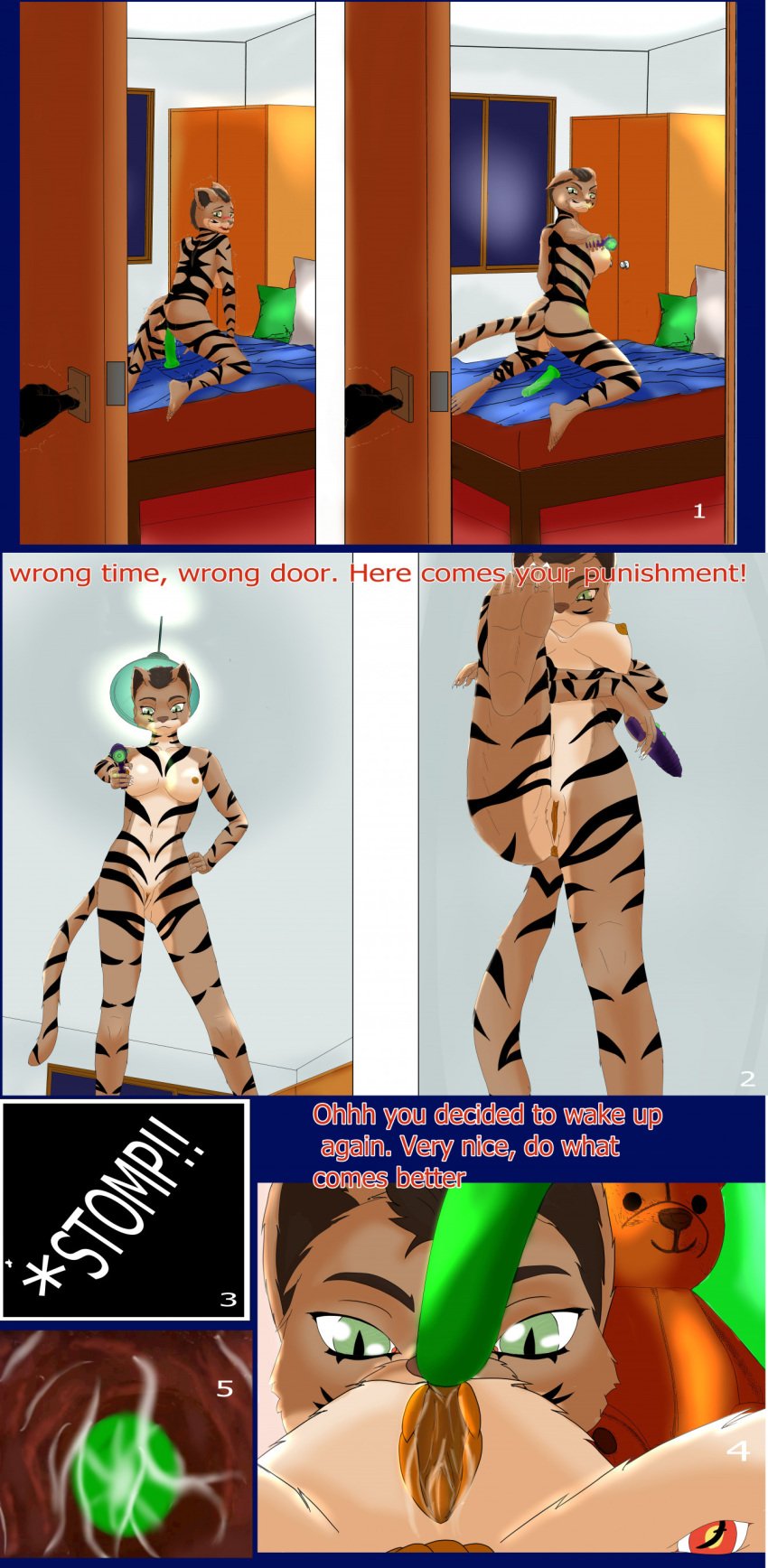 absurd_res anal anal_vore anthro anus bed blackreaper_bk201 comic dildo duo extreme_size_difference feet female first_person_view foot_focus furniture genitals hi_res inside macro male nude plushie pussy sex_toy shrink_ray size_difference step_on_person stomping teddy_bear vore