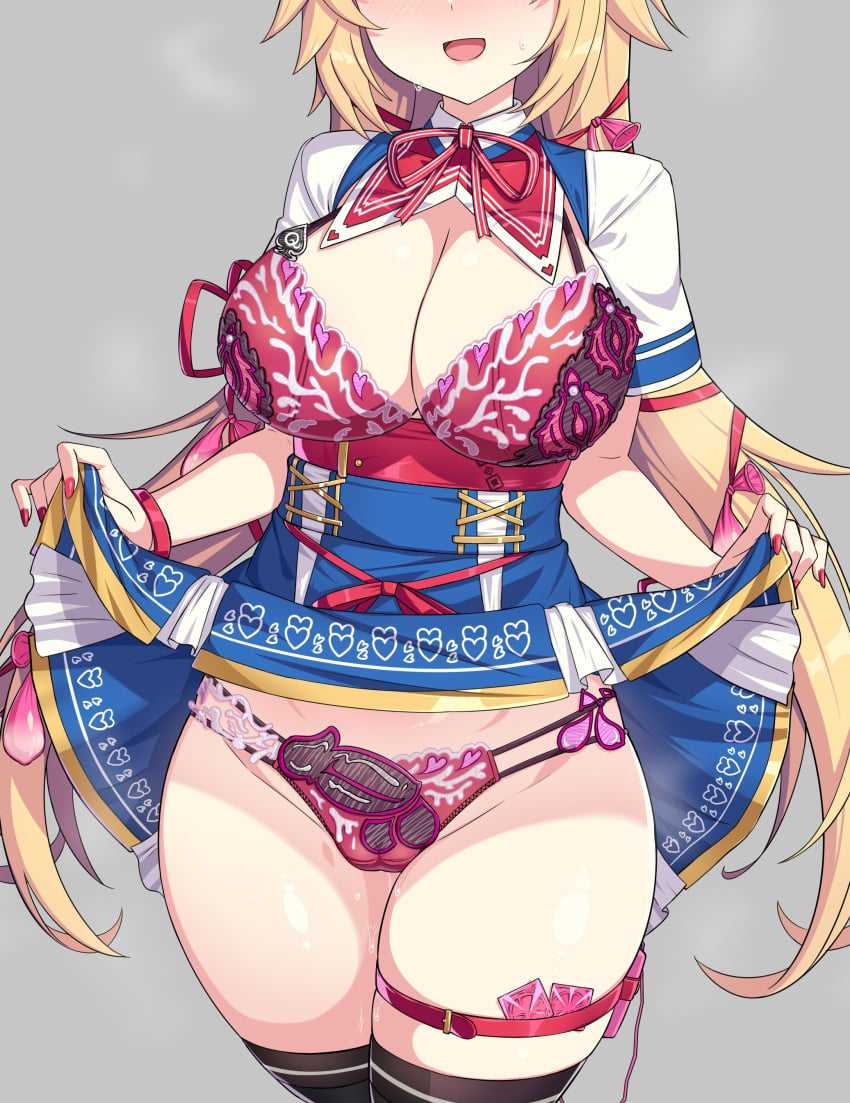 absurdres akai_haato akai_haato_(1st_costume) black_thighhighs blonde_hair blue_skirt blush bra breasts cameltoe cleavage clothes_lift condom condom_wrapper female floral_print flower_panties gozaru hair_ribbon highres hololive large_breasts lingerie long_hair open_clothes open_shirt panties penis pussy_juice red_bra red_nails red_panties red_ribbon ribbon sex_toy sexually_suggestive skirt skirt_lift smile solo standing string_panties sweat thigh_strap thighhighs thighs underwear used_condom vibrator vibrator_in_thigh_strap vibrator_under_clothes vibrator_under_panties virtual_youtuber