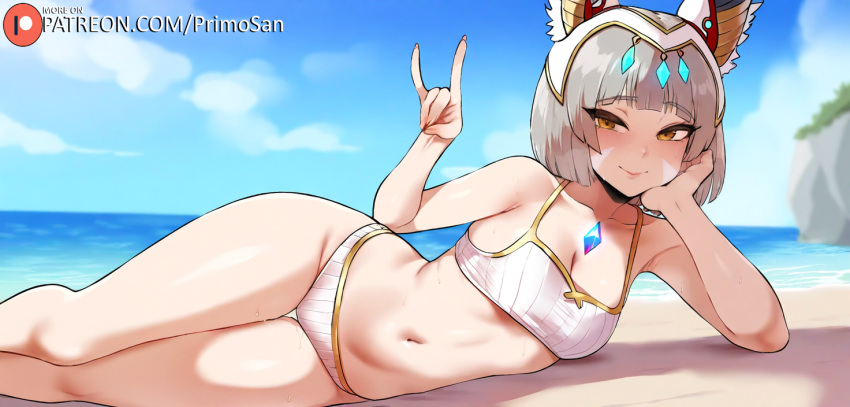 ai_generated animal_ears beach bikini cat_ears core_crystal fox_sign gray_hair head_rest kitsune_sign lying medium_breasts navel nia_(xenoblade) on_side primosan pussy_juice queen_nia revealing_clothes short_hair smile thigh_gap xenoblade_(series) xenoblade_chronicles_3 yellow_eyes