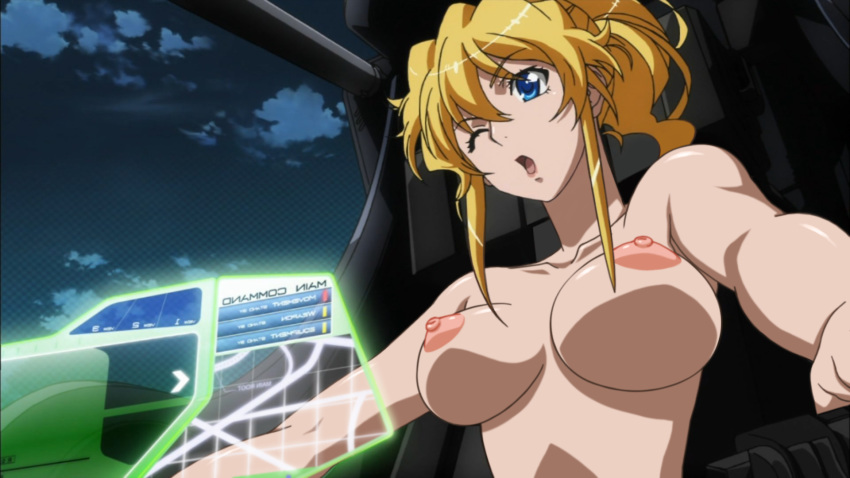 1girls blonde_hair blue_eyes breasts excellen_browning female large_breasts solo super_robot_wars wink