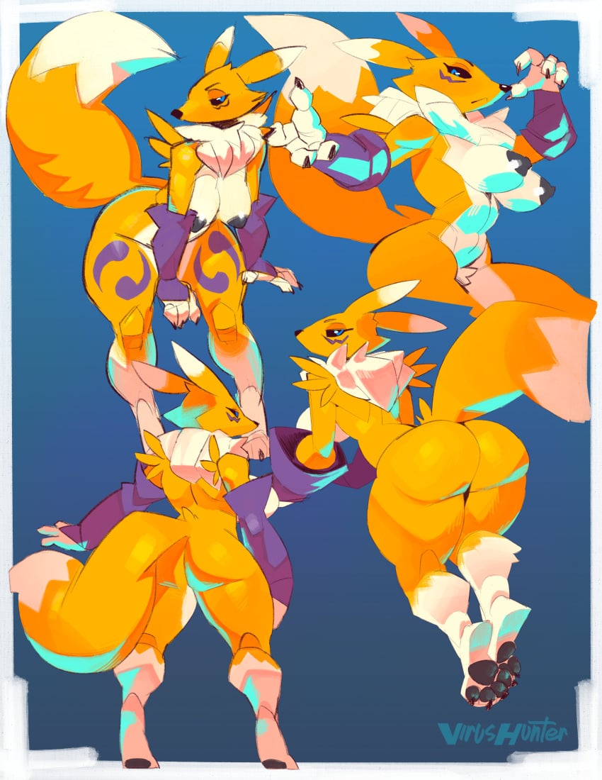 absurd_res anthro ass bandai_namco black_sclera blue_eyes breasts canid canine canis claws clothing digimon digimon_(species) digital_media_(artwork) female fox fur group hi_res mammal nipples nude renamon simple_background tail virushunter white_body white_fur yellow_body yellow_fur