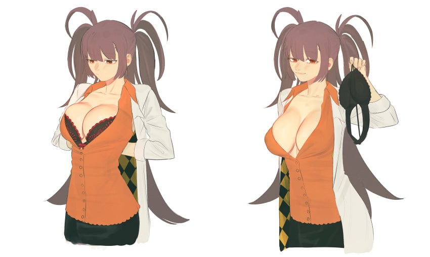 bra breasts brown_hair buttons cleavage collarbone dr._arach female highres holding holding_bra holding_underwear holding_unworn_clothes jacket large_breasts leodot long_hair multicolored_clothes orange_eyes orange_shirt patterned_clothing removing_bra shirt simple_background smile solo tsukihime tsukihime_(remake) twintails underwear white_background white_jacket