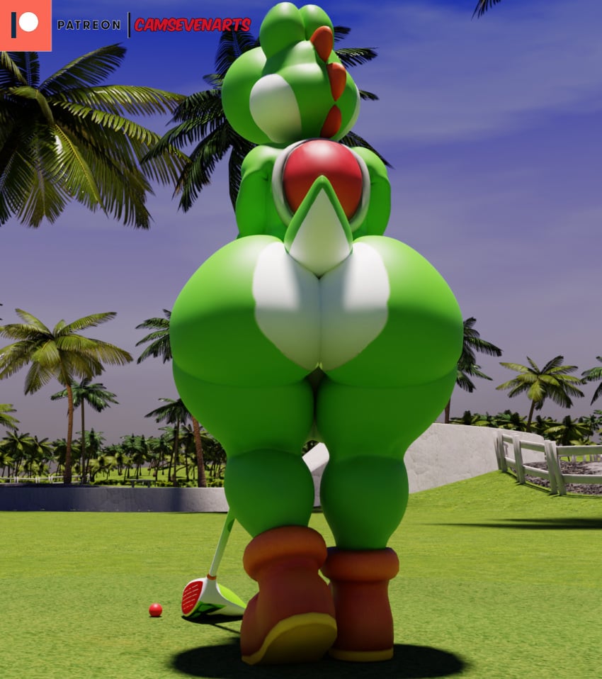 1boy 3d_(artwork) anthro ass balls big_butt blender_(artwork) boots boots_only butt_focus camseven clothing digital_media_(artwork) fat_ass footwear footwear_only genitals golf_ball golf_club green_body green_yoshi hi_res huge_butt male male_only mario_(series) mostly_nude multicolored_body nintendo nude palm_tree patreon plant rear_view shell shoes short_tail solo tail thick_thighs tree two_tone_body white_body wide_hips yoshi