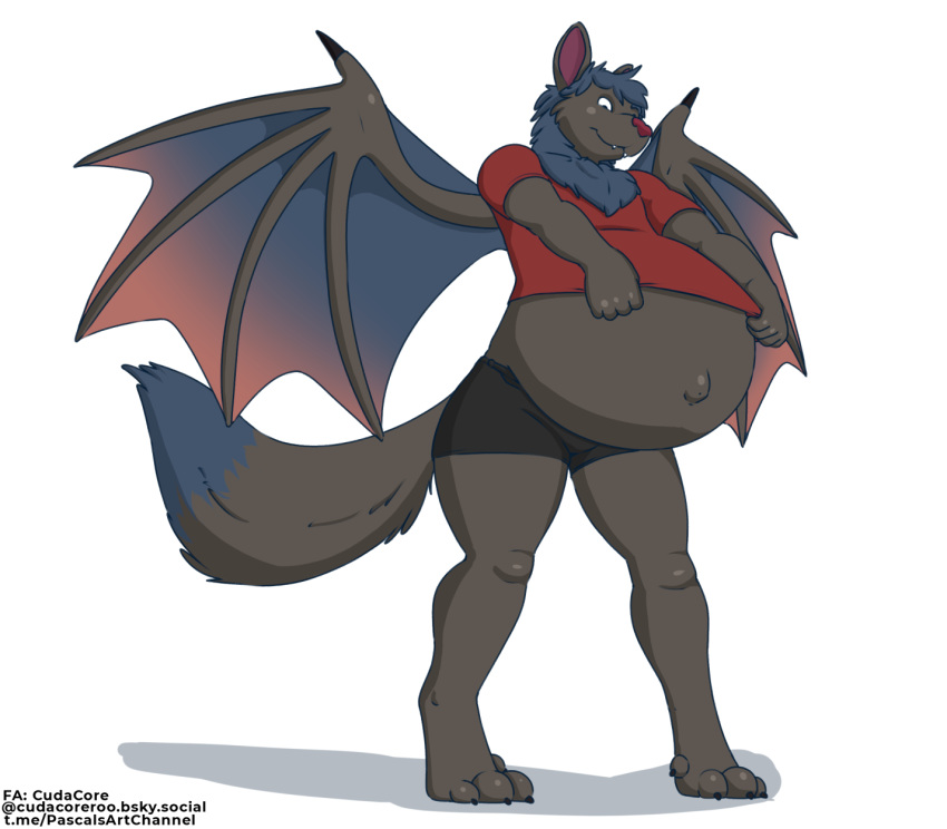 anthro bat belly big_belly bottomwear clothing cudacore frustrated hi_res huge_belly male mammal navel outie_navel pregnant pregnant_anthro pregnant_male pulling_shirt_down shirt shorts topwear vin_the_bat wings