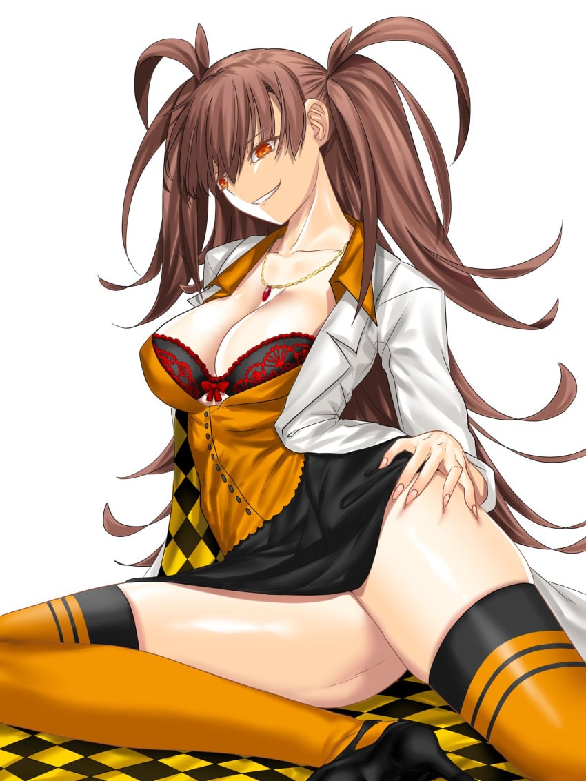 artist_request bra breasts brown_hair dr._arach female highres lab_coat lace lace_bra large_breasts long_hair looking_at_viewer orange_thighhighs orange_vest patterned_clothing pointy_chin smile thighhighs tsukihime tsukihime_(remake) underwear vest white_background yellow_eyes