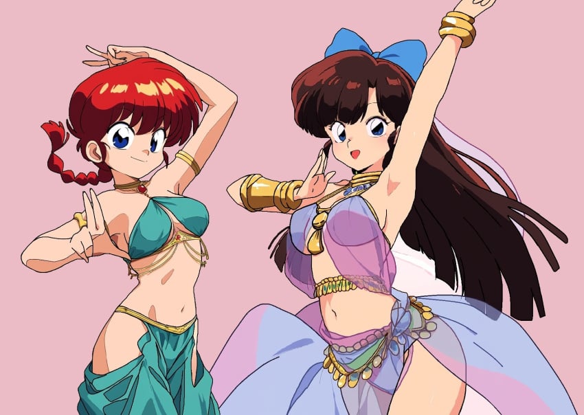 2girls artist_request belly_dancer belly_dancer_outfit blue_eyes braid brown_hair dancer dancer_outfit dancing hairbow harem harem_girl harem_outfit long_hair ranma-chan ranma_1/2 ranma_saotome ukyo_kuonji