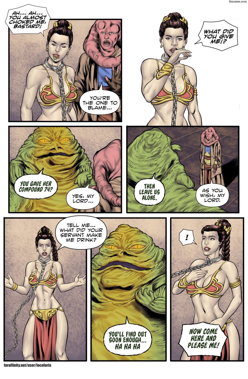 athletic_female belly_dancer belly_dancer_outfit bib_fortuna braided_hair brown_eyes brown_hair chain_leash chained cleavage comic enslaved_royal fit_female harem_girl harem_outfit hutt jabba's_palace jabba_the_hutt large_breasts locofuria loincloth long_hair princess_leia_organa slave slave_bikini slave_collar slave_leia slave_outfit slavegirl speech_bubble star_wars twi'lek wiping_mouth