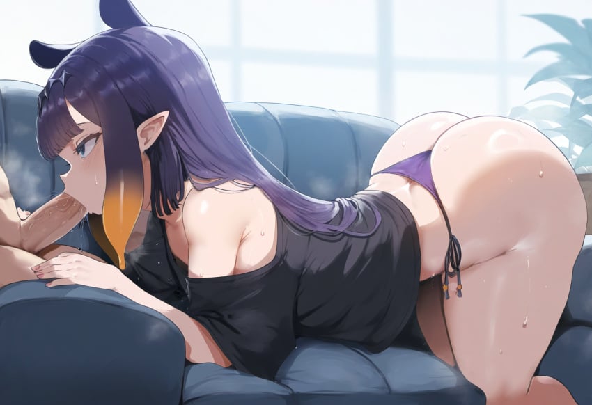 ai_generated all_fours ameanon arched_back blowjob booty hololive hololive_english huge_ass ninomae_ina'nis panties pointy_ears shirt side-tie_panties sweat