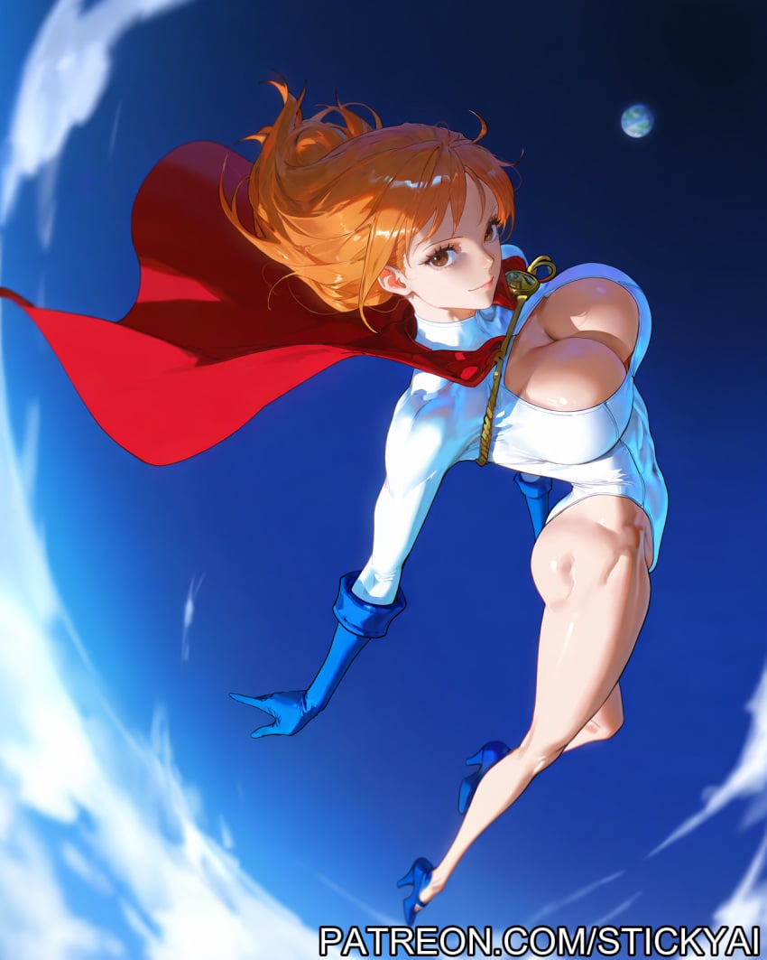 ai_generated airplane breasts brown_eyes earth female female_only flying galatea nami nami_(one_piece) nsfw one_piece orange_hair planet power_girl space stickyai