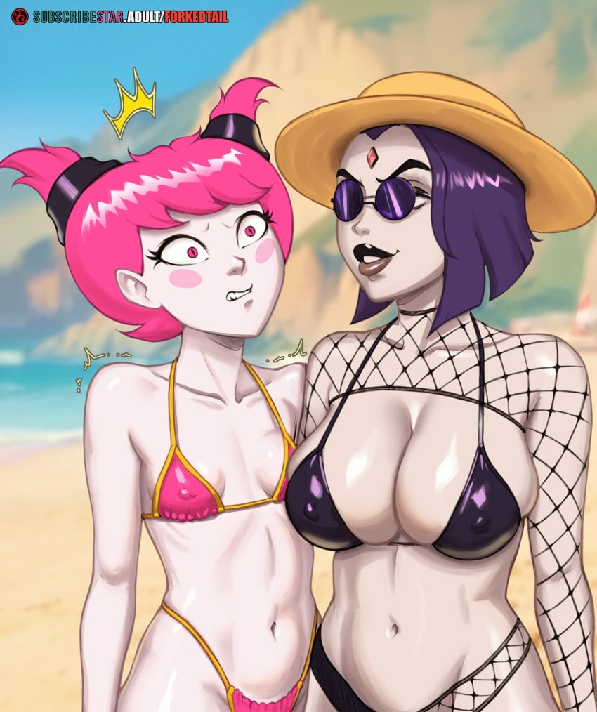 2d 2girls beach bikini breast_envy cartoon_network cleavage dc dc_comics female female_focus female_only fishnets forehead_jewel forkedtail goth goth_girl jinx_(dc) large_breasts meme mother_daughter_boob_envy_(meme) multiple_girls nipple_bulge outdoors pink_eyes pink_hair purple_hair raven_(dc) small_breasts sunglasses swimsuit tagme teen_titans