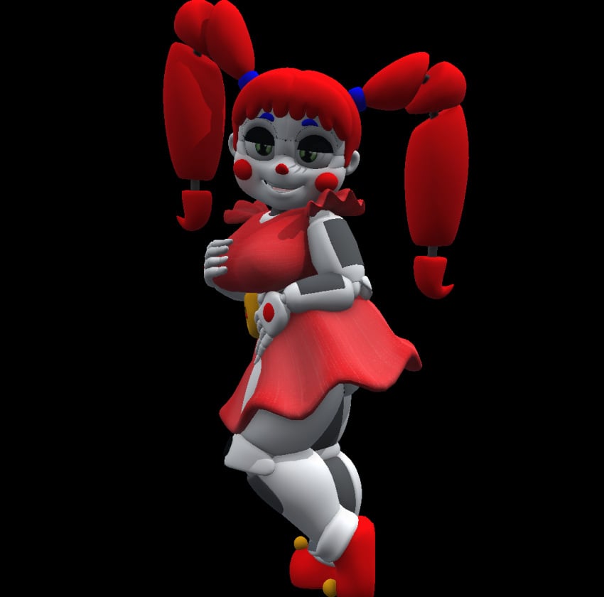 bent_leg blue_eyebrows circus_booby clothed clown_girl female_only five_nights_at_freddy's five_nights_at_freddy's:_sister_location hand_on_breast hand_on_stomach prisma3d red_cheeks red_dress red_hair smiling_at_viewer