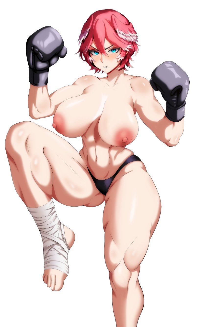 1girls abs absurdres angry arant_king areolae bad_id bad_pixiv_id bird_girl black_boxing_gloves black_thong blue_eyes boxing boxing_gloves breasts commission fighting_stance foot_wraps highres hololive hololive_japan holox large_areolae large_breasts leg_up light-skinned_female looking_at_viewer muscular muscular_female navel pink_hair png short_hair solo solo_female takane_lui teeth thong transparent_background virtual_youtuber vtuber wraps