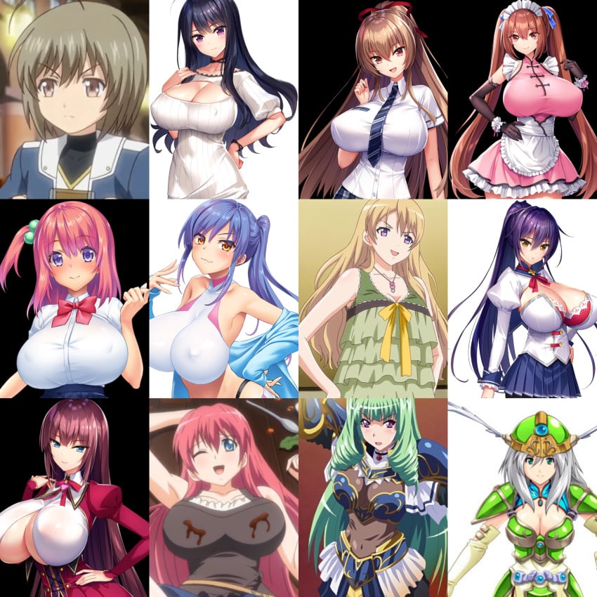 11girls 1boy al-san black_hair blonde_hair blue_hair breasts brown_hair busty_female cleavage clothed_female dark_blue_hair eroge!_h_mo_game_mo_kaihatsu_zanmai female female_knight fujiwara_momoka gigantic_breasts gray_hair green_hair hildegard_(ikusa_otome_valkyrie) himekishi_olivia huge_breasts hyper_breasts ikusa_otome_valkyrie knight_armor knight_helmet large_breasts maid maki-chan_to_nau mako_yumegasaki male male/female maou_ga_gendai_sekai_ni_tensei_shitara_oppai_o_medenakute_wa_naranaku_natta_ken massive_breasts maya_minase mei_myoudou motto!_haramase!_honoo_no_oppai_chou_ero_appli_gakuen! motto!_haramase!_honoo_no_oppai_isekai_chou_ero_succubus_gakuen! motto!_haramase!_honoo_no_oppai_isekai_oppai_maid_gakuen! motto!_haramase!_honoo_no_oppai_isekai_oppai_meido_gakuen! muma_no_machi_cornelica necktie nipples_visible_through_clothing olivia_lindegard pink_hair princess rio_jougasaki sanjou_maki school_uniform schoolgirl succubus sword takami_washimiya yawato_ameri yawato_monaka