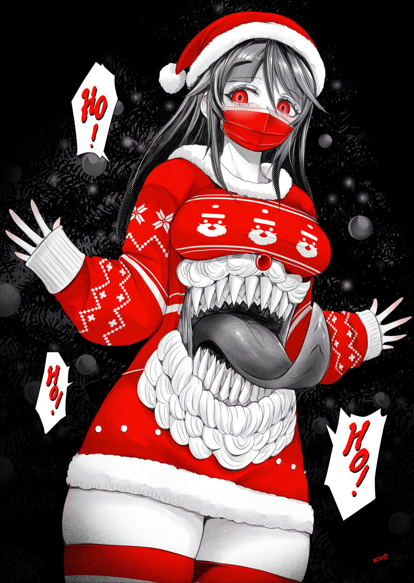 christmas christmas_outfit kivonotbabu long_tongue monster_girl santa_hat sharp_teeth stomach_mouth sweater tongue_out