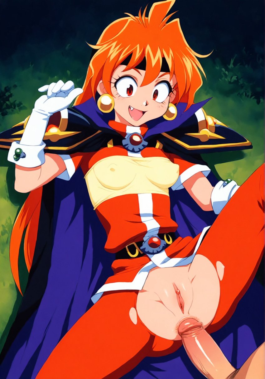 1girls ai_generated anal_sex anus cape clothed clothing female gloves j.c._staff lina_inverse long_hair looking_at_viewer orange_hair pussy red_eyes retro_ai_ecchi_dude ripped_clothing ripped_pants slayers smile smiling_at_viewer solo