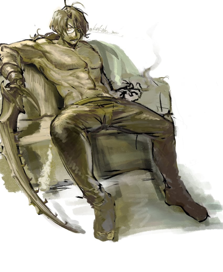 abs biceps body_hair bug_features built color colored glasses gregor_(limbus_company) happy_trail limbus_company manspreading messy messy_hair monochrome no_sex no_shirt ponytail project_moon shirtless sitting sitting_on_chair smoking smoking_cigarette stubble tight_clothes