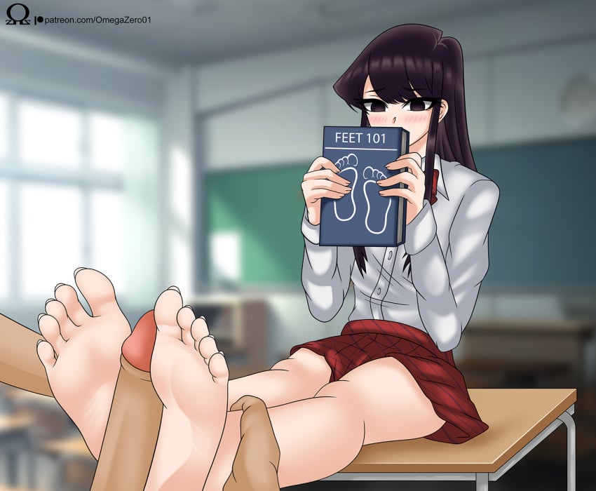 1boy 1girls asian_female black_hair blush boner book classroom clothed_female curious erection feet foot_fetish footjob hiding_face indoors japanese_female komi-san_wa_komyushou_desu komi_shouko learning legs long_hair omegazero01 pale-skinned_female pale_skin pale_soles penis school_uniform schoolgirl shy skinny_girl skirt soles toenails toes