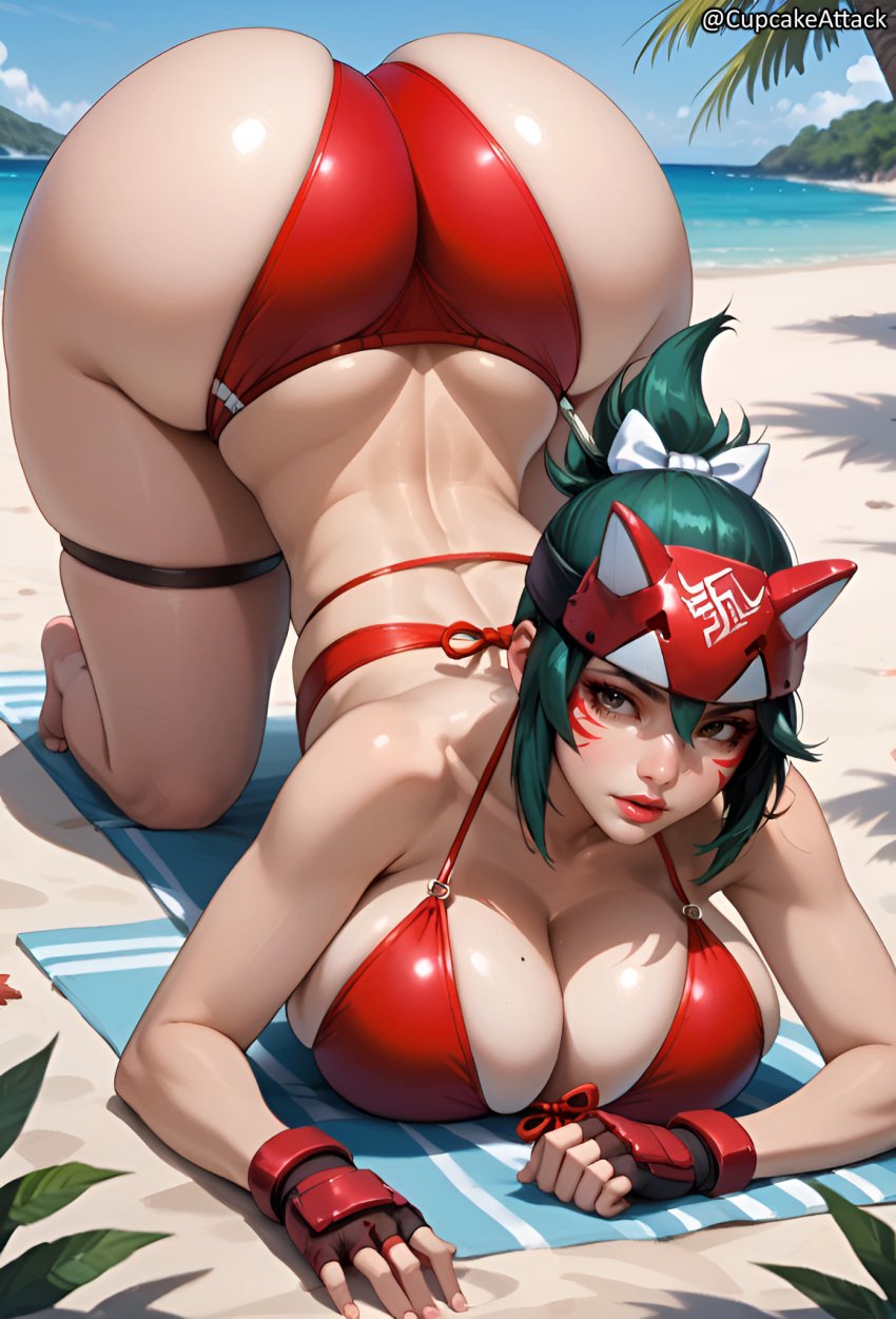 1girls ai_generated ass_up beach bikini brown_eyes bursting_ass cupcakeattack fat_ass female fingerless_gloves gigantic_ass green_hair headband huge_ass huge_breasts kiriko kiriko_(overwatch) kiriko_kamori looking_at_viewer lying_on_breasts mask massive_ass overwatch overwatch_2 ponytail skindentation slim_waist swimsuit wide_hips