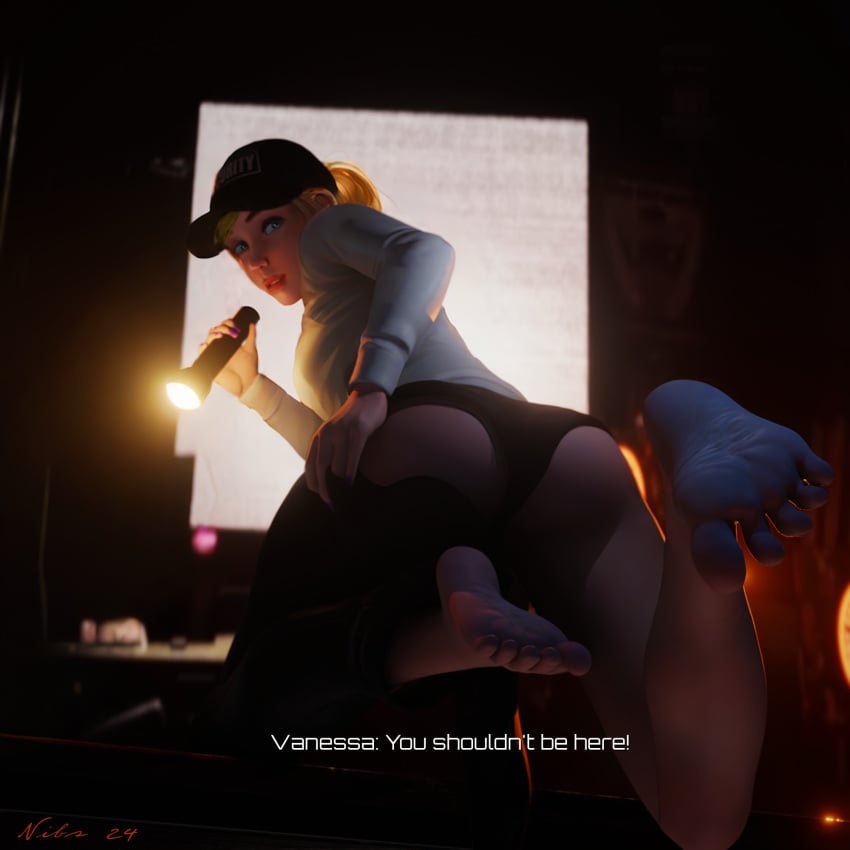 2024 3d 3d_model ankles black_hat black_panties black_pants blender blonde_female blonde_hair blue_eyes blush curling_toes dialogue feet female five_nights_at_freddy's five_nights_at_freddy's:_security_breach flashlight foot_fetish from_behind hat holding_object light-skinned_female looking_at_viewer looking_back nibs3d on_knees panties pants_around_one_leg pants_down ponytail ponytail_female purple_nail_polish purple_nails red_lips security_guard soles solo solo_female solo_focus surprised text thighs toes vanessa_(fnaf) white_shirt wrinkled_feet wrinkled_soles