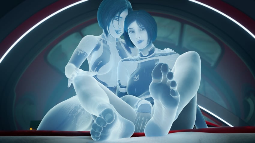 2girls 3d 3d_(artwork) alternate_version_at_source alternate_version_available blender blender_(software) blue_body blue_hair blue_skin bob_cut bottomless cortana eye_contact feet feet_focus glowing halo_(series) high_resolution highres looking_at_viewer pov smile smiling smiling_at_viewer the_weapon_(halo_infinite) video_game_character video_games zmsfm