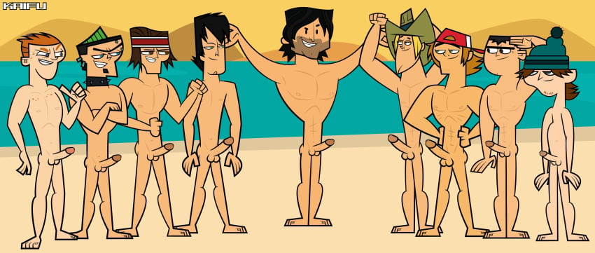 age_difference arms_up backwards_baseball_cap beach black_hair blue_eyes brick_(tdi) brown_eyes brown_hair chris_mclean cowboy_hat duncan_(tdi) erection eyebrow_piercing ezekiel_(tdi) freckles geoff_(tdi) green_eyes headband kaifu male_focus male_only mohawk naked_male red_hair salute scott_(tdi) smile smiling_at_viewer smirk spiked_collar stubble toque total_drama:_revenge_of_the_island total_drama_island total_drama_island_(2023) trent_(tdi) tyler_(tdi) unibrow wayne_(tdi) yaoi