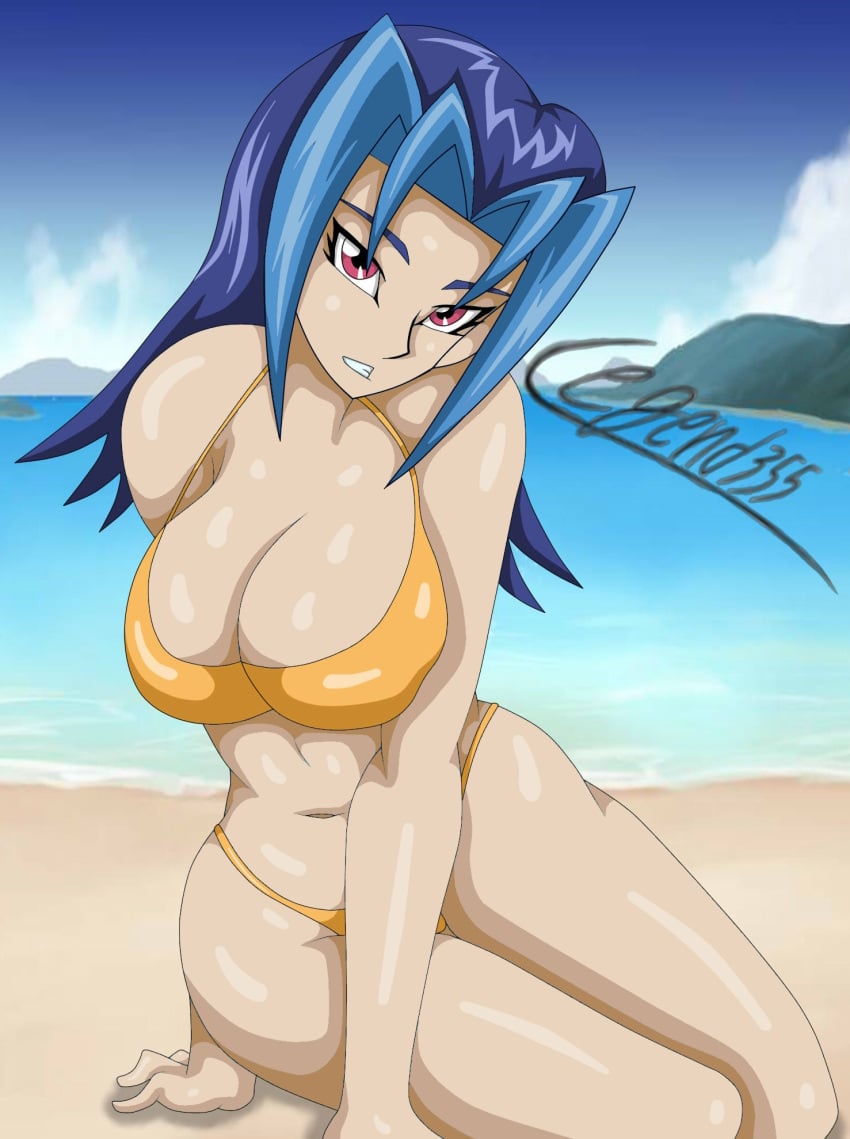 1girls abdomen beach_background blue_hair color_edit edit female hi_res huge_breasts kamishiro_rio kneeling legart355 looking_at_viewer marin_(zexal) mature pose red_eyes rio_kamishiro seductive_look solo yu-gi-oh! yu-gi-oh!_zexal