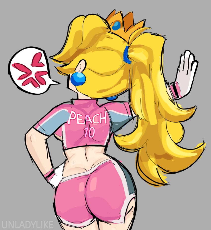 1girls anger_symbol angry ass ass_focus blonde blonde_hair blue_earrings crop_top crown dolphin_shorts earrings facing_away gloves long_hair mario_(series) mario_strikers nintendo pale-skinned_female pale_skin pink_clothing ponytail pose princess_peach questionable round_ass shorts shoulder_blades sideboob tagme unladylike viewed_from_behind white_gloves