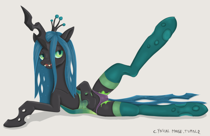 blue_hair cynicalmoose equine female friendship_is_magic green_eyes holes horn horse my_little_pony panties pussy_juice queen_chrysalis queen_chrysalis_(mlp) smooth_skin spread_legs stockings tail wet