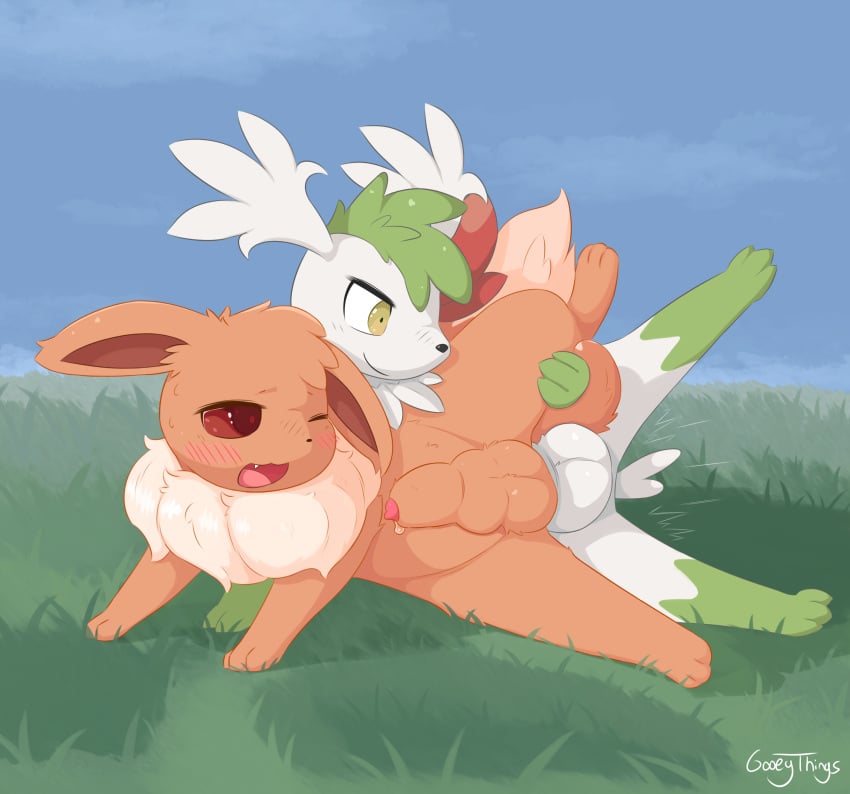 absurd_res anal anal_sex animal_genitalia animal_penis balls blush blush_lines brown_body brown_eyes brown_fur canine_genitalia canine_penis duo eevee feral fur generation_1_pokemon generation_4_pokemon genitals gooeythings grass green_body green_fur hi_res holding_leg knot_in_sheath legendary_pokemon male male/male mane nintendo one_eye_closed penetration penis plant pokemon pokemon_(species) shaymin sheath sheathed_while_penetrated snaggle_tooth thrust_lines white_body white_fur white_mane yellow_eyes