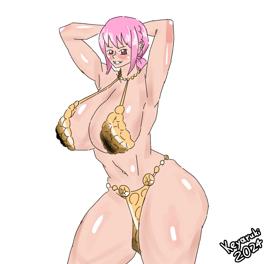 1female 1girls 2d 2d_(artwork) armor armor_plates armored_female ass big_ass big_breasts big_hips big_thighs bikini boobs_bigger_than_head breasts female female female_focus female_only flat_colors gigantic_breasts hips keyaruki massive_breasts one_piece pink_hair rebecca_(one_piece) shiny_skin signature simple_background simple_coloring solo solo_focus standing thick_thighs thighs twitter_link unrealistic_proportions voluptuous voluptuous_female