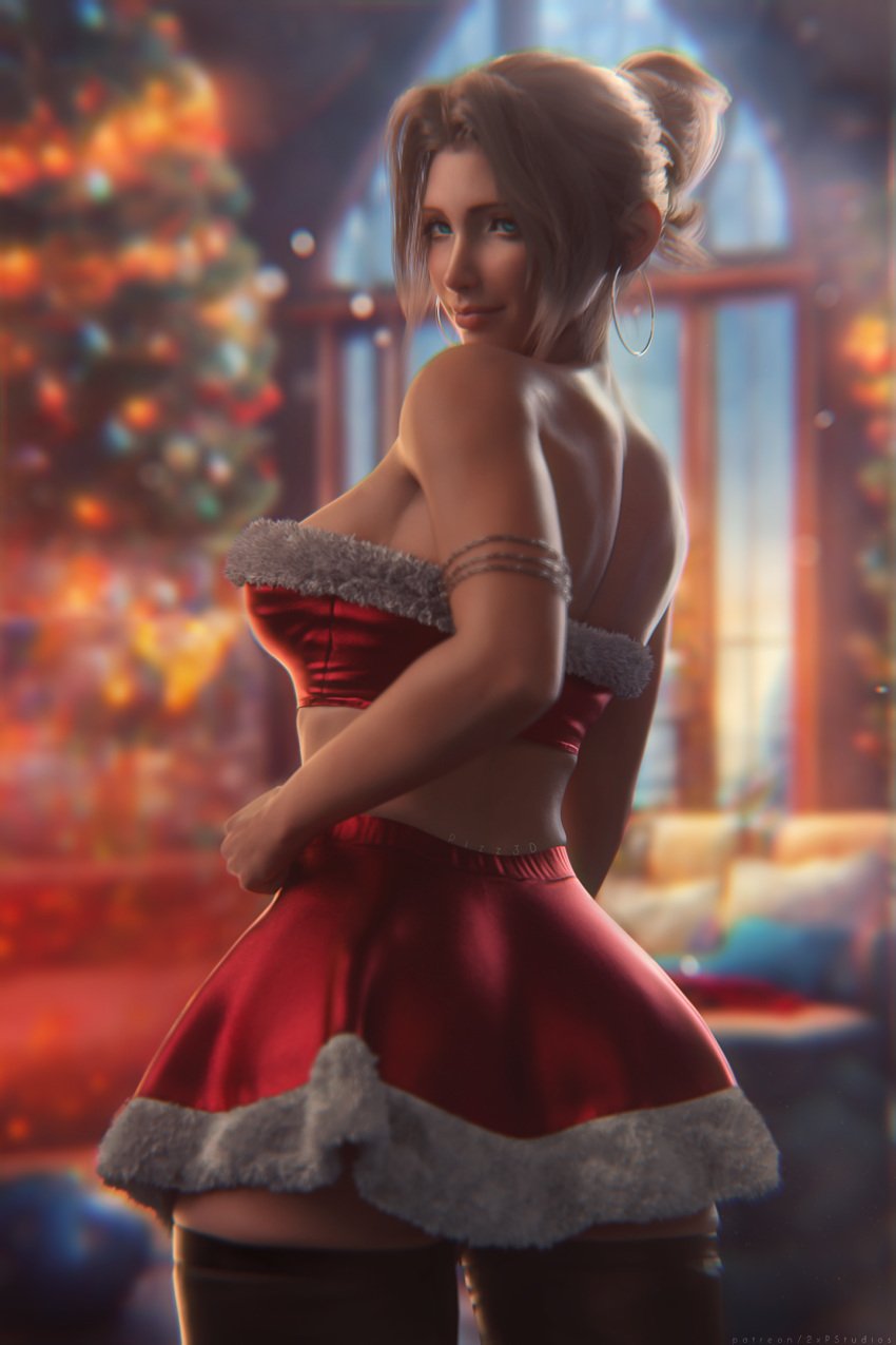 3d 3d_(artwork) aerith_gainsborough armband blonde_hair brown_hair christmas christmas_clothing christmas_outfit christmas_tree crop_top earrings final_fantasy final_fantasy_vii final_fantasy_vii_remake fit_female green_eyes hair_tied hair_up highres jewelry living_room long_hair looking_at_viewer looking_back miniskirt pizz3d posing red_clothing skirt stockings thighhighs toned