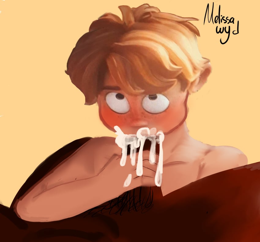 2boys 2d_(artwork) aaron_mitchell absurdres age_difference aged_up bad_edit black_body blowjob blowjob_only blush blushing_at_partner cum cum_in_mouth cumming edit gay high_resolution highres looking_at_partner looking_up melwyd_(artist) poorly_colored poorly_drawn self_upload semen the_mitchells_vs._the_machines yaoi yellow_background