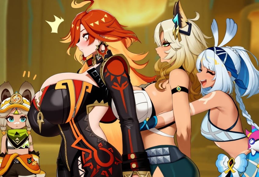 1girls 4girls ai_generated bouncing_breasts depressu genshin_impact gigantic_breasts grabbing_another&#039;s_breast grabbing_from_behind huge_breasts kachina_(genshin_impact) mavuika_(genshin_impact) medium_breasts mualani_(genshin_impact) surprised thick_thighs wide_hips xilonen_(genshin_impact) yuri