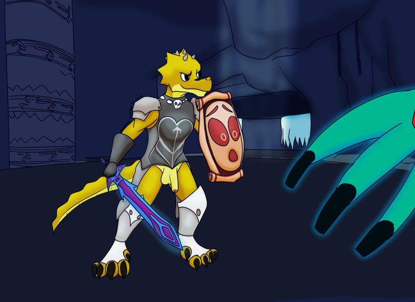 anthro armor atlyss boots bottomless breastplate cave clothed clothing fight footwear fyreblazes gauntlets genitals ghost gloves handwear hi_res holding_object holding_shield holding_weapon kobold kubold male male_only nude pauldron penis scalie shield shoes solo solo_male spirit tail weapon yellow_body