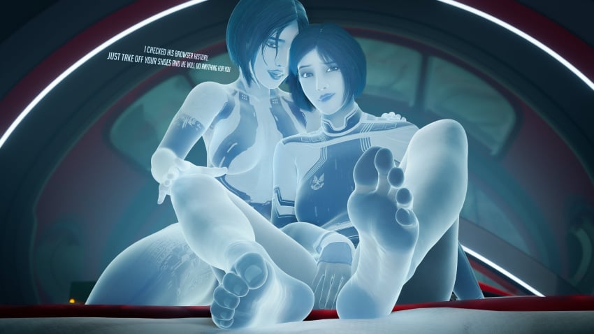 2girls 3d 3d_(artwork) barefoot blender blender_(software) blue_body blue_hair blue_skin bob_cut bottomless cortana dialogue eye_contact feet feet_focus glowing halo_(series) high_resolution highres looking_at_viewer pov smile smiling_at_viewer soles text the_weapon_(halo_infinite) toes video_game_character video_games zmsfm