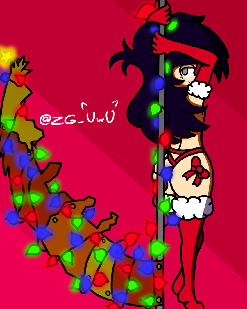 1girls almost_naked almost_nude artist_name big_ass big_butt christmas christmas_clothing christmas_lights christmas_outfit dark_blue_hair gloves gray_eyes hi_res highres long_hair original_character ribbon ribboned_body sabrina_(zg_uwu) scythe simple_background simple_shading thighhighs zg_uwu