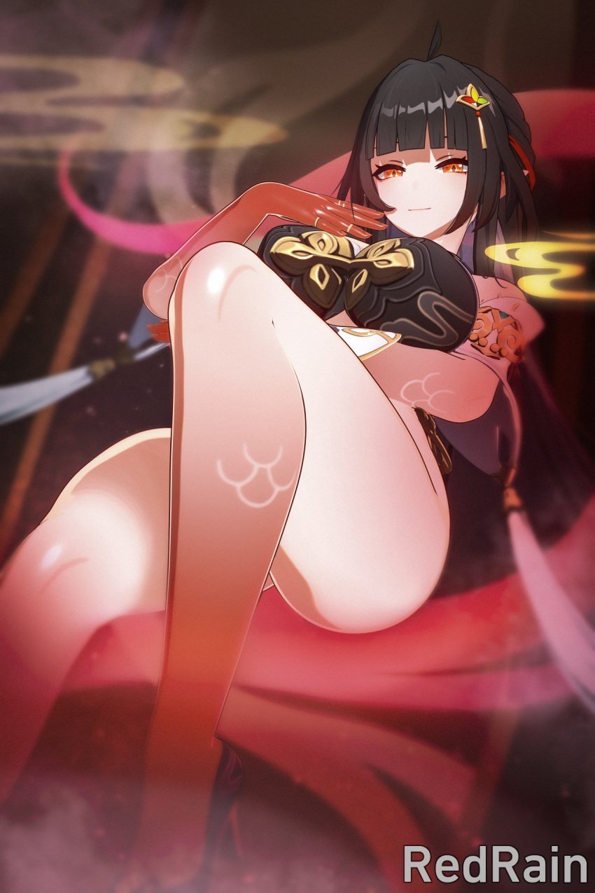 big_breasts bottomless brown_hair honkai:_star_rail lingsha_(honkai:_star_rail) red_eyes redrainsfm thighs