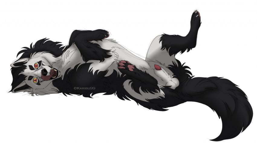 anatomically_correct anatomically_correct_genitalia animal_genitalia animal_penis balls black_body black_fur canid canine canine_genitalia canine_penis canis claws digital_drawing_(artwork) digital_media_(artwork) domestic_dog eliv fangs feral fluffy fluffy_tail fur genitals happy karibu99 licking licking_lips licking_own_lips looking_at_viewer lying male mammal on_back open_mouth pawpads paws penis penis_tip playful sheath signature simple_background smile solo tail teeth tongue white_body white_fur