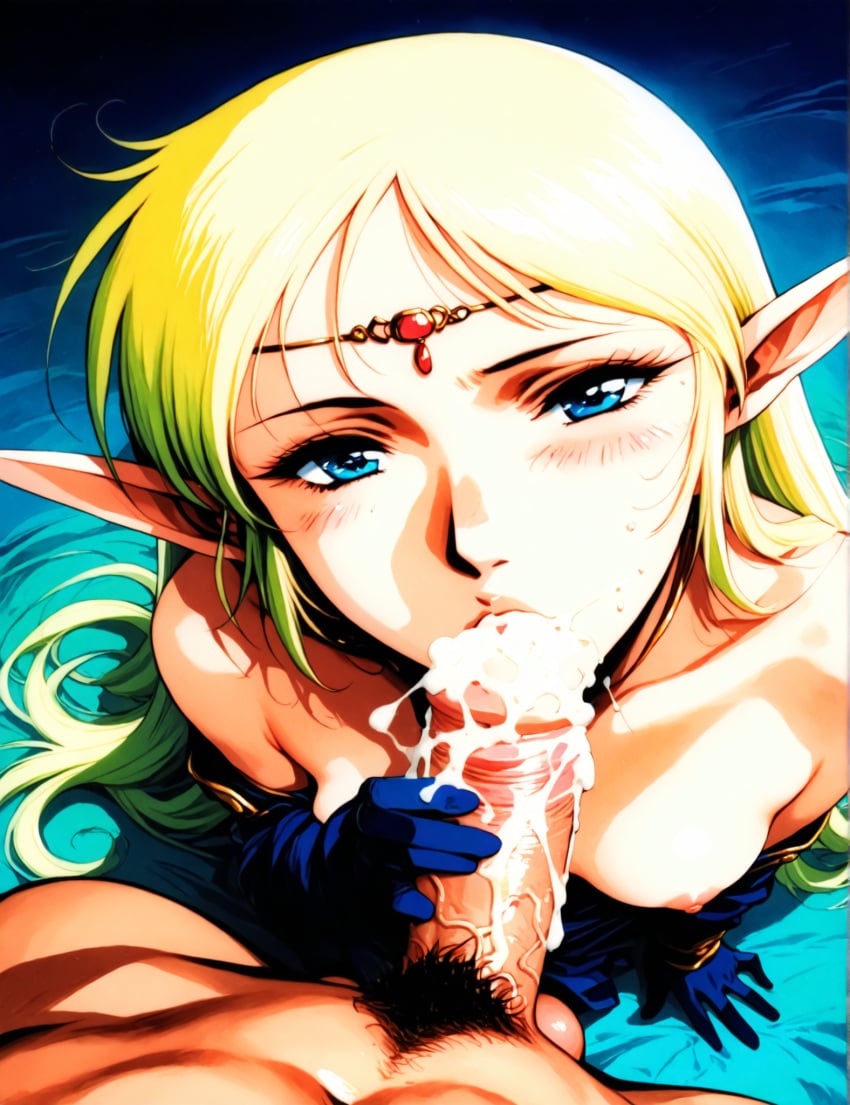 ai_generated blonde_hair blowjob breasts cape cum_in_mouth deedlit elf_ears elf_female fellatio jewelry nude pussy record_of_lodoss_war retro_ai_ecchi_dude smile