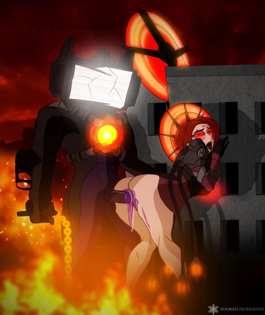 astro_duchess_(skibidi_toilet) holding_object purple_cum red_eyes red_hair skibidi_toilet titan_tv_man_(skibidi_toilet) watchman_of_doom_(skibidi_toilet)