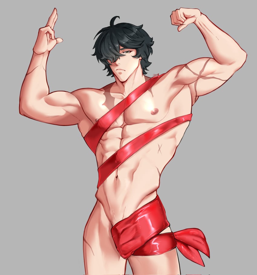 1boy gou_u3u green_hair lighter_(zenless_zone_zero) male male_only meme_reference muscles muscular_arms muscular_male nude_guy_wrapped_in_ribbons_standing_(meme) pecs red_ribbon scar simple_background solo_focus tip zenless_zone_zero